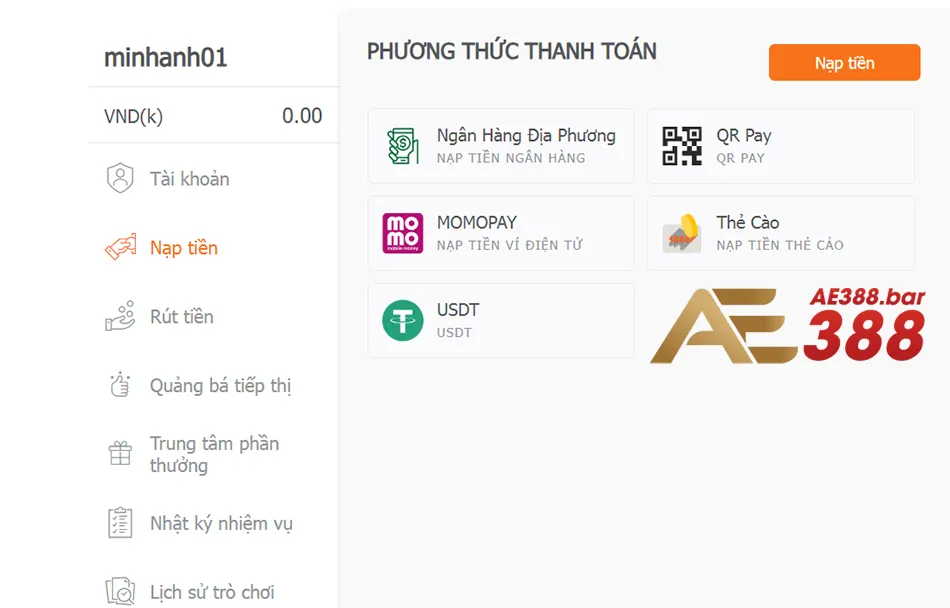 Đa dạng những phương thức nạp tiền AE388 phổ biến nhất hiện nay